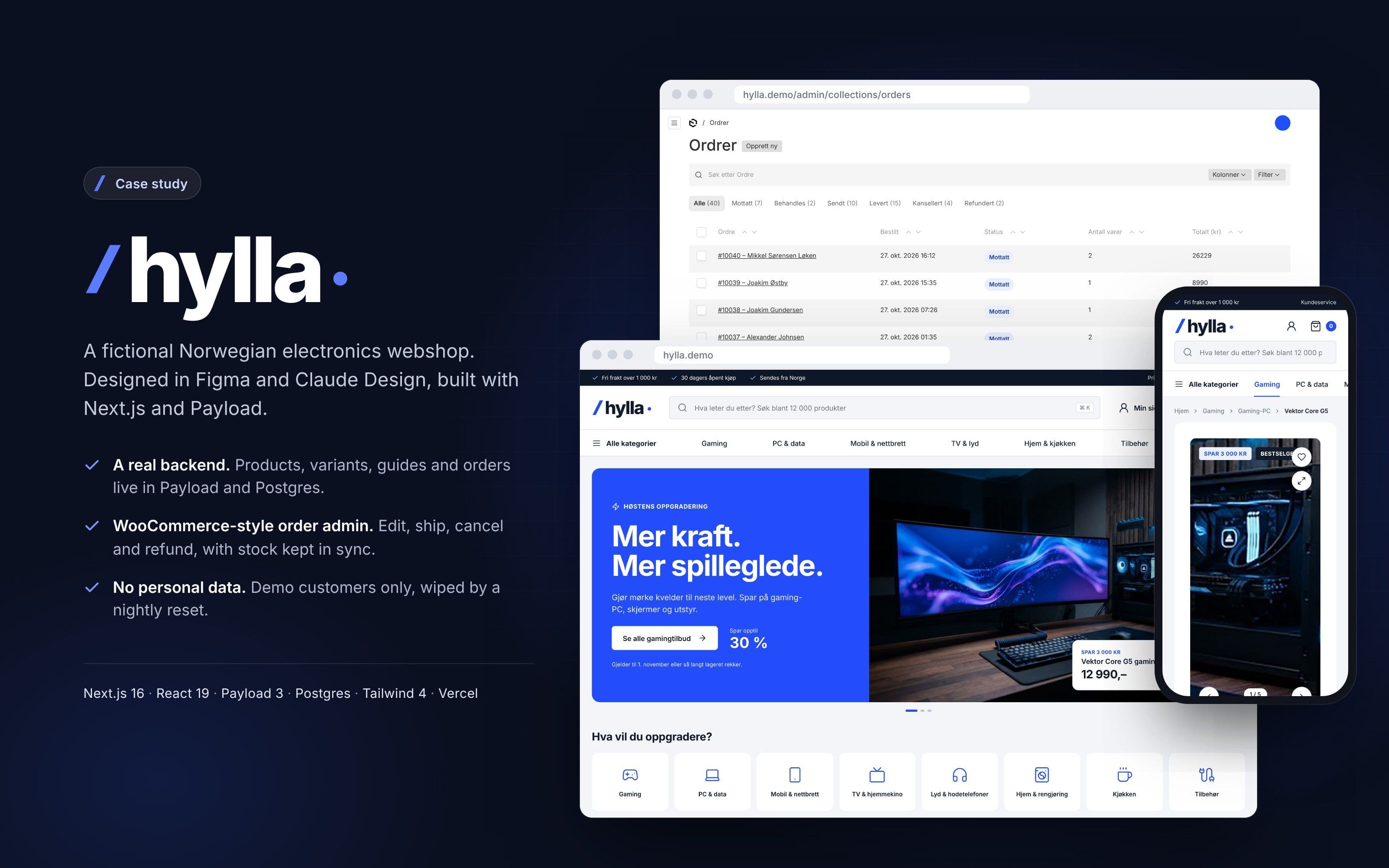 Hylla case overview: the storefront homepage, the order list in the admin and a product page on mobile